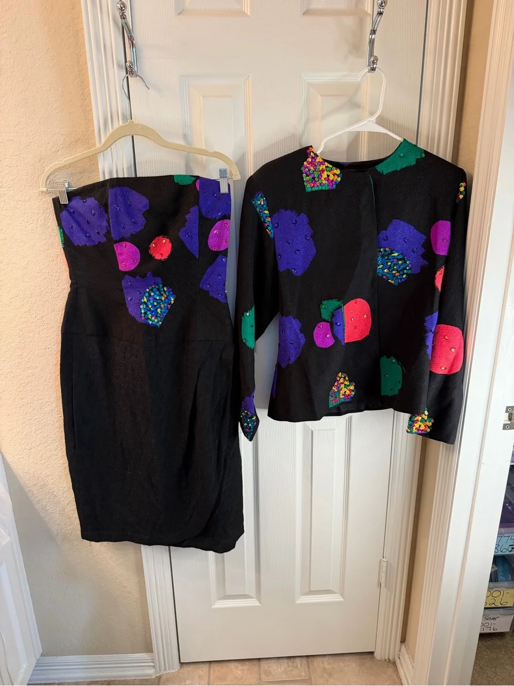 Black Dress and Jacket Set with Multicolor Abstract Accents